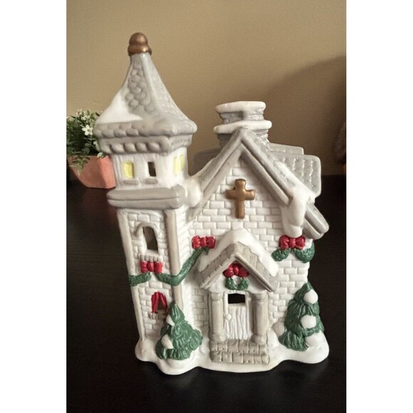 Ceramic Christmas Church Tea Light Candle Trees snow Accents 5.25" Tall Preowned - Picture 1 of 8